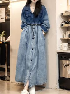 2024 ใหม่ไล่โทนสีย้อม เดนิม เดรส สไตล์ขี้เกียจปกปิดเนื้อ พรางหุ่น ลำลอง สไตล์เสื้อเชิ้ตยาว กระโปรง เวอร์ชั่นเกาหลี ฤดูใบไม้ผลิ ฤดูใบไม้ร่วง