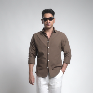 VENGOZ Kemeja Pria Slim Fit Linen Blend Shirt - Wood Brown LS