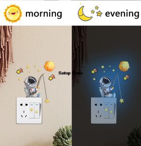 1Pcs Glow in The Dark Astronaut Fishing Meteor Wall Decals Blue Pink Green Stickers 14cm Luminous Space Switch Decal For Bedroom