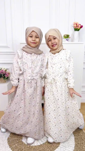Dungdungkids Gamis Anak Monica Katun Bolong Katbol Renda Pinggang Serut Free Pashmina 3 - 14 Tahun