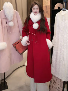 New Chinese Style Christmas New Year Battle Robe 90 White Duck down Red Woolen Coat Womens Winter Fancy down Feather Liner Coat