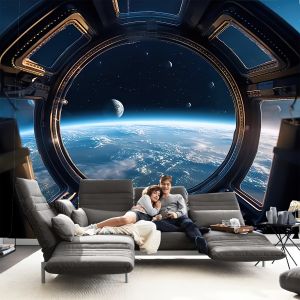 VIKAMA Spacecraft Porthole Earth Starry Sky Theme Tapestry Bedroom Living Room Gaming Room Decor Room Decor