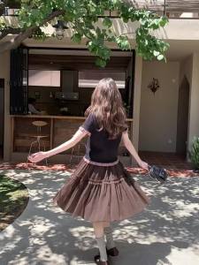 Drawstring Wooden Ear Mesh Patchwork A-line Slimming Half Skirt