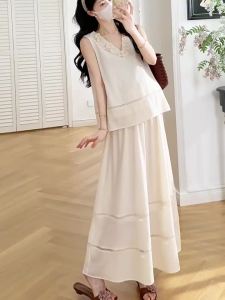MAMABENSE | Pregnant Women New Style Korean Beige V-neck Sleeveless Thin Top and Skirt Set