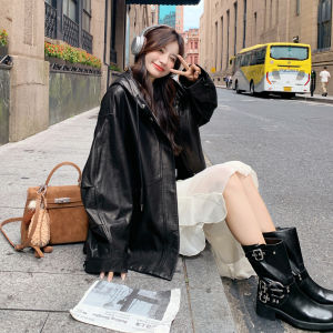 Black Fashionable Sweet Cool Style Hooded Leather Jacket Womens 2025 Autumn New All-Match Street PU Leather Jacket