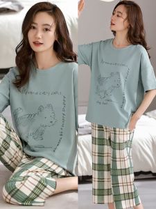 001 | Purified Cotton Short Sleeve Pajamas% Outwear Womens Summer Thin Cropped Pants Can Be Summer Leisure Cotton Homewear Suit