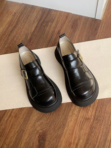 Womens Thick Bottom Large Head Shoes British Style Small Leather Shoes Increase Height Single Shoes Casual round Toe Loafers