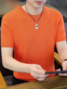 HENGYUANXIANG | เสื้อยืดคอกลมแขนสั้นถักสำหรับผู้ชาย ระบายอากาศได้ดี แฟชั่นฤดูร้อน เสื้อเชิ้ตผู้ชาย สวมใส่สบาย ทรงหลวม ผ้าฝ้ายผสมโพลีเอสเตอร์