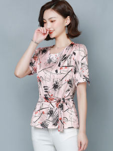 Floral Print Chiffon Shirt Womens Short Sleeve Fashion Top Mid-Year Mom Stylish Waist-Cinching Small Shirt Korean Style Commute