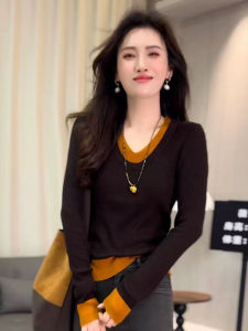 Slim Fit V-Neck Color Block Long Sleeve Knitted Sweater Womens Fashion Casual Style Autumn New Arrival Versatile Elegant Top