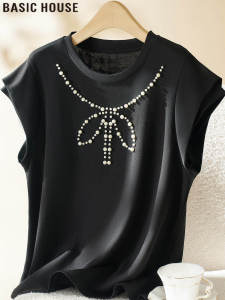 Basic House | Pretty With Beads And Bow Round Neck Black Short Sleeve T-Shirt
