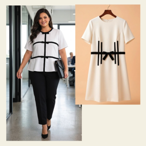 Allure Plus Clothing SHELBY Top white blouse with black trim and bow details