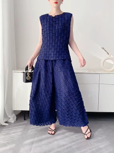 KESHANGYI Miyake Handmade Pleated Two Piece Set Women Summer Navy Sleeveless Top + Flared Wide Leg Palazzo Pants Loose Casual Outfit for Office Daily Wear
