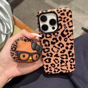 Sanrio | Luxury Brown Pink Leopard Print Sanrio KT Magnetic Stand Holder Phone Case For iphone 17 16 15 14 Pro Max Shockproof Phone Cover