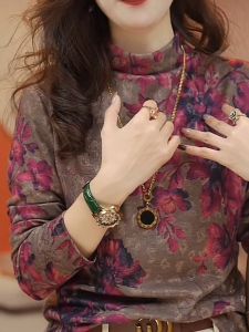 plus Size Womens Silk Fleece Lined Thickened Elastic Top Outerwear Floral Print Casual Loose Fit Long Sleeve T-Shirt