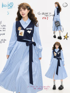 KEIKO | French Stripe Slimming Pinafore Dress Autumn