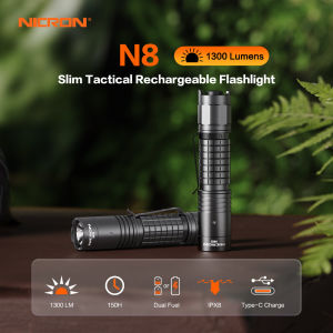 NICRON Flashlight N8 Tactical Flashlight 1300 Lumens Brightness 180 Meters Beam Distance Rechargeable IP68 Waterproof Flashlight with Diffuser for Tactical Games Camping Hiking Emergency