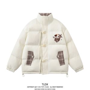 TLDX High-End New Chinese Style Plaid Splicing Stand Collar Thickened Warm Loose Cotton Jacket Womens Fashionable Winter Coat