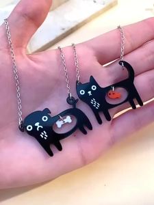 Kawaii Mèo Đen Và Cá Acrylic Mặt Dây Chuyền Vòng Đeo Cổ Cho Nữ Thú Cưng Dễ Thương Chủ Đề Chó Trang Sức Tặng Chữ O Dây Thép Không Gỉ