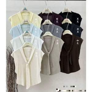 YUEZHONGWEI | French Style V-Neck Ribbon Knit T-Shirt