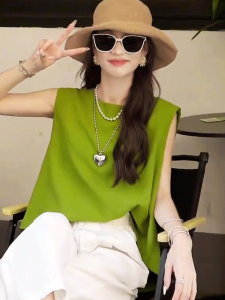 เสื้อเชิ้ตผู้หญิงคอตตอนลินินสไตล์ฝรั่งเศสแขนกุดฤดูร้อน 2025 ใหม่ ด้านหลังเปิด ทรงสูง ความรู้สึกที่หรูหรา สีเขียว