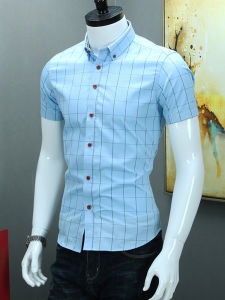 Summer Short Sleeve Shirt Mens Slim Fit Iron Free Business Casual Youth Versatile Korean Style Checkered Fashionable Casual Shirt