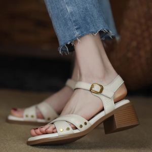 French Vintage Genuine Leather mid Heel Outdoor Sandals Women Summer New Soft Leather Back Empty Step Sensation Thick Heel Women Shoes