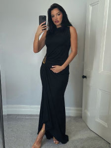 แปลก Puss คลาสสิกโลหะ Ruched ผู้หญิงชุดลูกเรือคอไม่สม่ําเสมอฤดูร้อนที่เรียบง่ายแนวโน้มยืด Vestidos