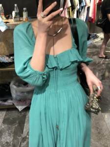 Heavy Pleated Graceful Elegant Retro Square Neckline Puff Sleeve Dress