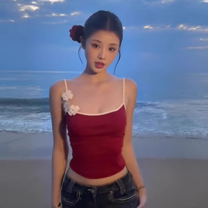 chaqi | American Style Spicy Girl 3D Flower Red Strap Vest Summer Sleeveless Short Pure Desire Slimming Base Layer Top