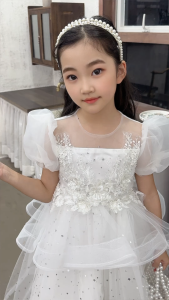 Uniqkids Kids Fashion Formal White Plain Dress Mesh Sequined Flower Puff sleeves White Dress for Kids Girl