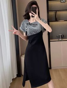 Retro fake two-piece stitching national style temperament dress female summer new short-sleeved buttoned skirt