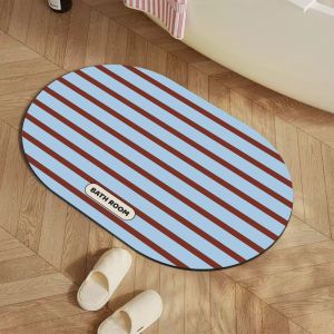 VIKAMA Minimalist Striped Oval Bathroom Floor Mat Absorbent Quick Drying Anti Slip Carpet Home Decoration