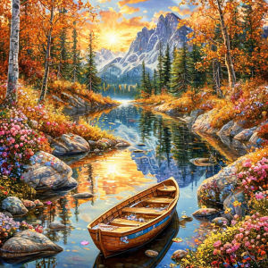 Huacan 5D DIY Diamond Painting Autumn Mountain Lake Wooden Boat Diamond Mosaic Landscape Full Set Decorative Paintings