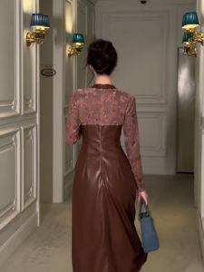 ZYHT EraVogue เดรสผู้หญิง เดรสสีน้ำตาล เดรสทรงเอ เดรสผ้าหนัง เดรสทำงาน เดรสไฮโซ เดรสวินเทจ เดรสออกงาน เดรสปาร์ตี้ ชุดราตรี 21498