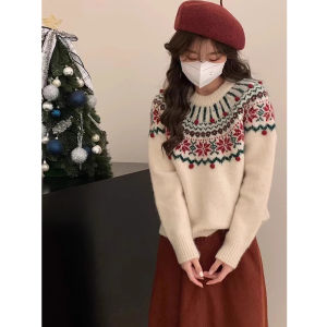 Thickened Christmas Red Fair Isle Knitted Sweater Womens Autumn Winter Inner Wear Lazy Style Overhead Knitted Shirt