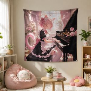 VIKAMA Mèo Hồng Người Giúp Việc Anime Tấm Thảm Kawaii Thẩm Mỹ Treo Tường Cho Bé Gái Phòng Ngủ Ký Túc Xá Trang Trí Ngọt Ngào Cafe Nghệ Thuật Chăn Polyester