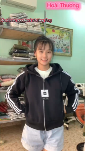 ÁO KHOÁC NỈ CROPTOP TAY CÁNH DƠI TAY 3 SỌC CÓ TÚI TRONG TIỆN LỢI