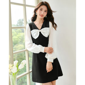 Yigue | Hepburn Style Womens Dress Spring Autumn New Bubble Sleeve Bow Contrast Colors