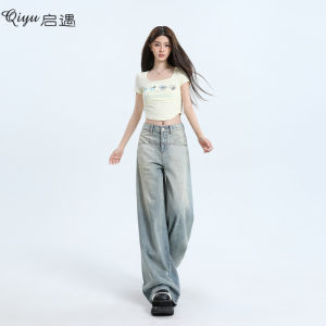 High Waist Straight Leg Wide Leg Jeans Womens Slim Fit Hip Covering American Design Autumn Winter New Style Casual Cotton Blend