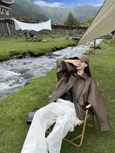 แจ็คเก็ตหนังสีน้ำตาล แจ็คเก็ตหนังมาร์เก็ต แจ็คเก็ตหนังหนา แจ็คเก็ตหนังทรงหลวม แจ็คเก็ตหนัง PU สำหรับผู้ชายและผู้หญิง