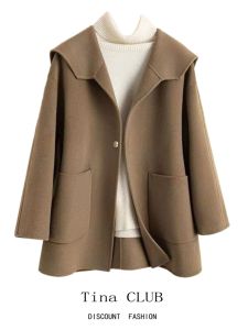 Tina CLUB plus Size Womens Double-Faced Cashmere Coat Navy Collar High-End Woolen Outerwear Korean Style Commute Fashion