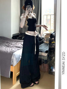 กางเกงขายาวทรงหลวมเอวสูงสำหรับผู้หญิง กางเกงขายาวทรงตรงสีดำ ขอบดอกไม้ ยางยืด ทรงหลวม ลำลอง ยาวถึงพื้น