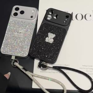 3D Rhinestone Bear Glitter Case For iPhone 17 Pro Max 18 12 13 14 15 16 Plus Shiny Sequins Diamond Wrist Strap Camera Soft Cover