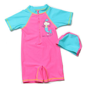 One Piece Swimming Suit for Girls Short Sleeve Rash Guards for Kids Swimsuit with Swimming Cap for Baby 1-12 Y Children Swimwear