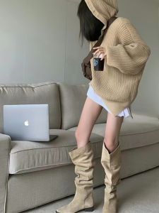 Womens 2025 New Long Tube Thick Heel Brown High Tube Boot Retro Velvet Folded Youth Knight Boot Korean Style Four Seasons