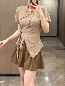Asian Style Womens Short Sleeve T-Shirt Plus Size Slim Fit Summer Casual Work Shirt with Stand Collar