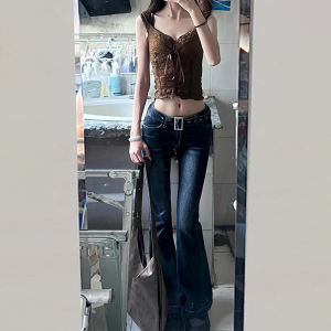 Quần Jeans Denim Ống Rộng Cạp Cao Kiểu Dáng Thẳng Phong Cách Mỹ Retro Xanh Cổ Điển Cho Nữ Mùa Thu Quần Dài Dài Đến Sàn