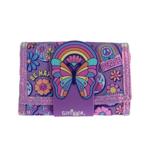 กระเป๋าสตางค์สำหรับเด็ก Austria Smiggle ลายผีเสื้อสีรุ้งสีม่วงสำหรับเด็กผู้หญิงแฟ้มหนังกระเป๋าสตางค์แบบบางสามชั้นกระเป๋าใส่บัตร5นิ้ว
