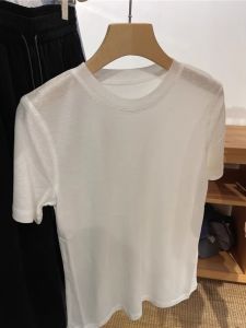 Linen Wool Short Sleeve T-Shirt Womens Loose Fit Summer Thin round Neck White Base Shirt Top Korean Style Creative Pattern